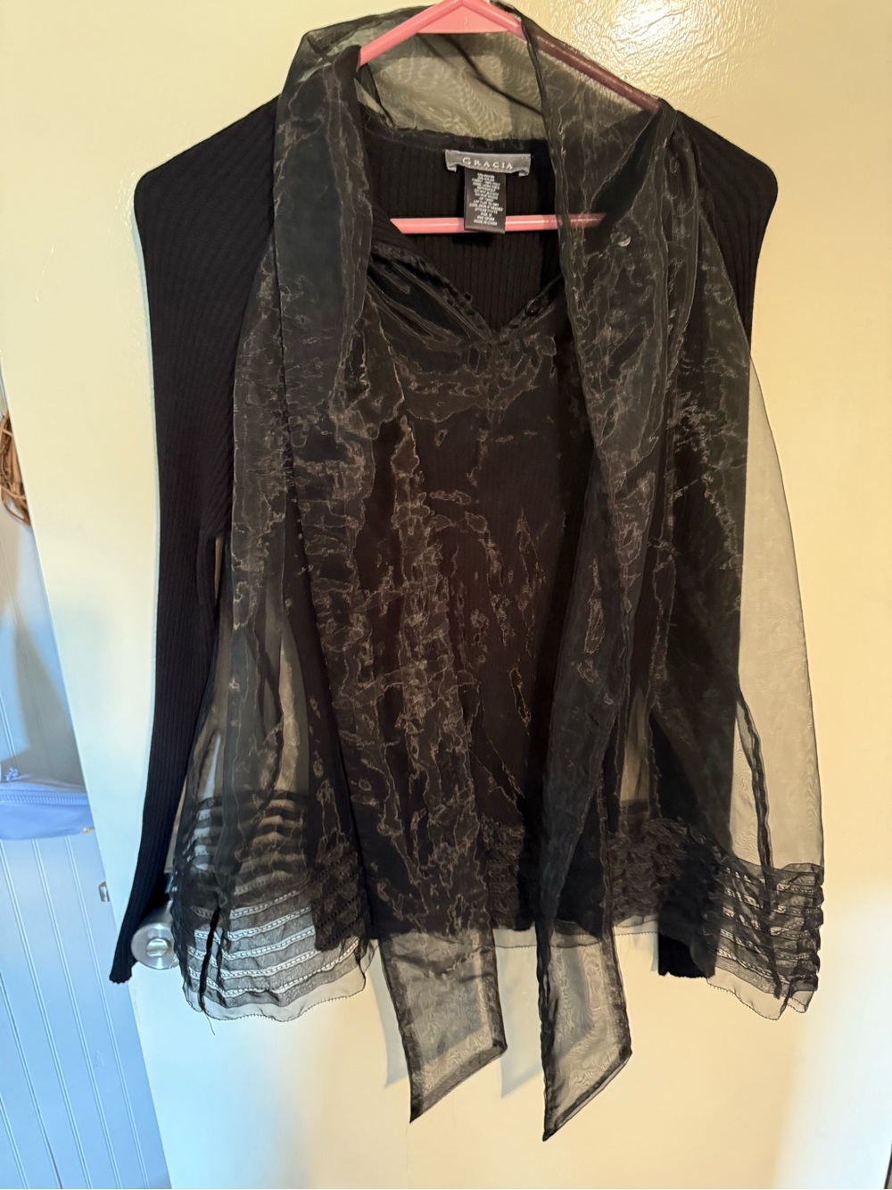 Gracia Black Sheer Textured Overlay Top - Romantic Dark whimsy Goth size L